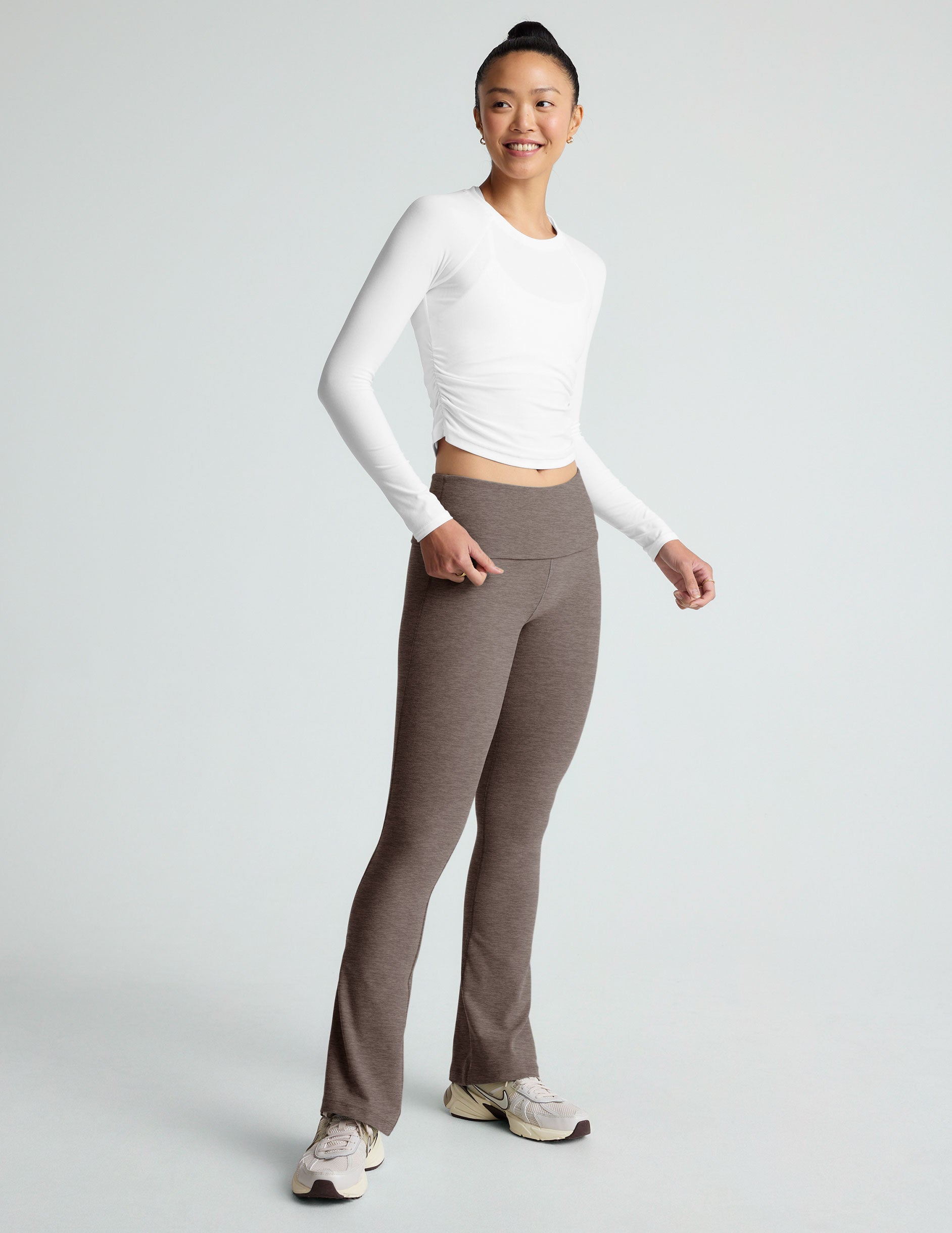 Cloud White Featherweight Shirred Long Sleeve Top, Soft Stretch Fit