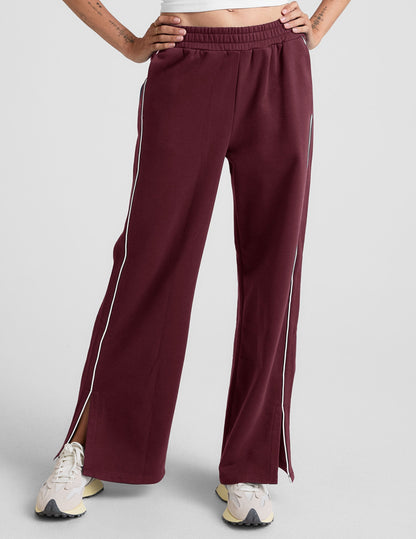 LuxeFleece Piper Wide Leg Pant: Cozy Mid-Rise Track Style with Piping Trim