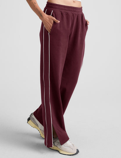 LuxeFleece Piper Wide Leg Pant: Cozy Mid-Rise Track Style with Piping Trim