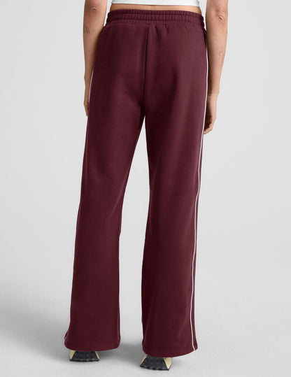 LuxeFleece Piper Wide Leg Pant: Cozy Mid-Rise Track Style with Piping Trim