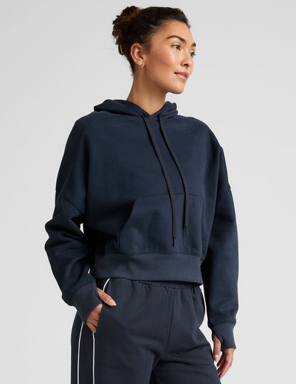 Nocturnal Navy LuxeFleece Cropped Hoodie: Cozy Pullover with Thumbholes and Kangaroo Pocket