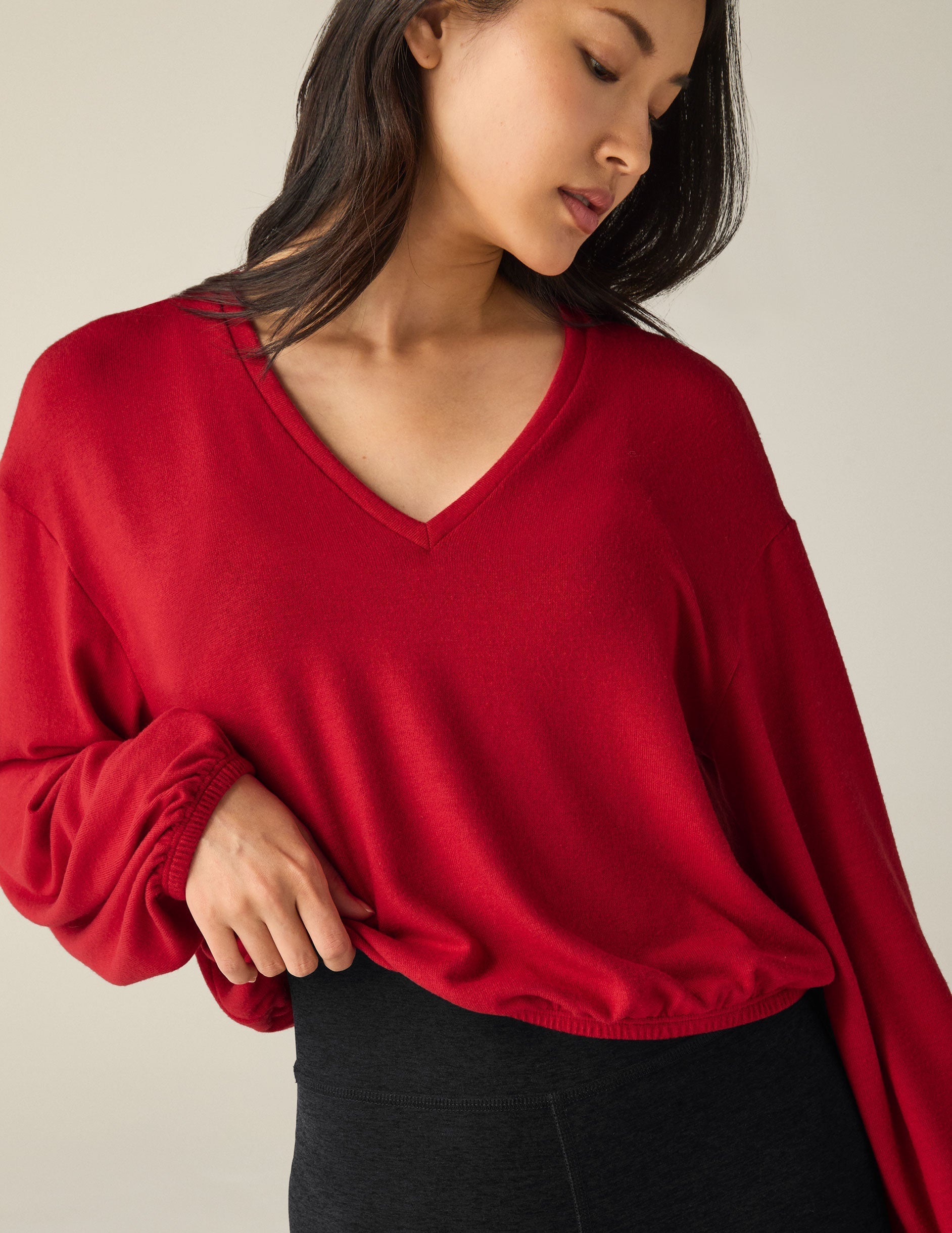 Soft Cozy Luxe Lounger Knit Cropped V-Neck Pullover Sweater for Women