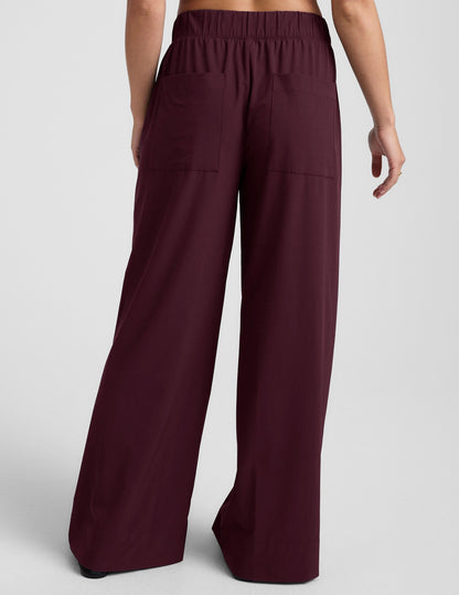 Silky Flowy Wide Leg Pants with Pockets, Mid-Rise, Stretch Woven Fabric