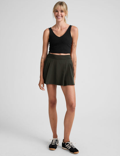 Active Pleated Mini Skirt with Built-in Shorts and Pockets, Olive Ink