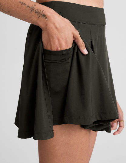 Active Pleated Mini Skirt with Built-in Shorts and Pockets, Olive Ink