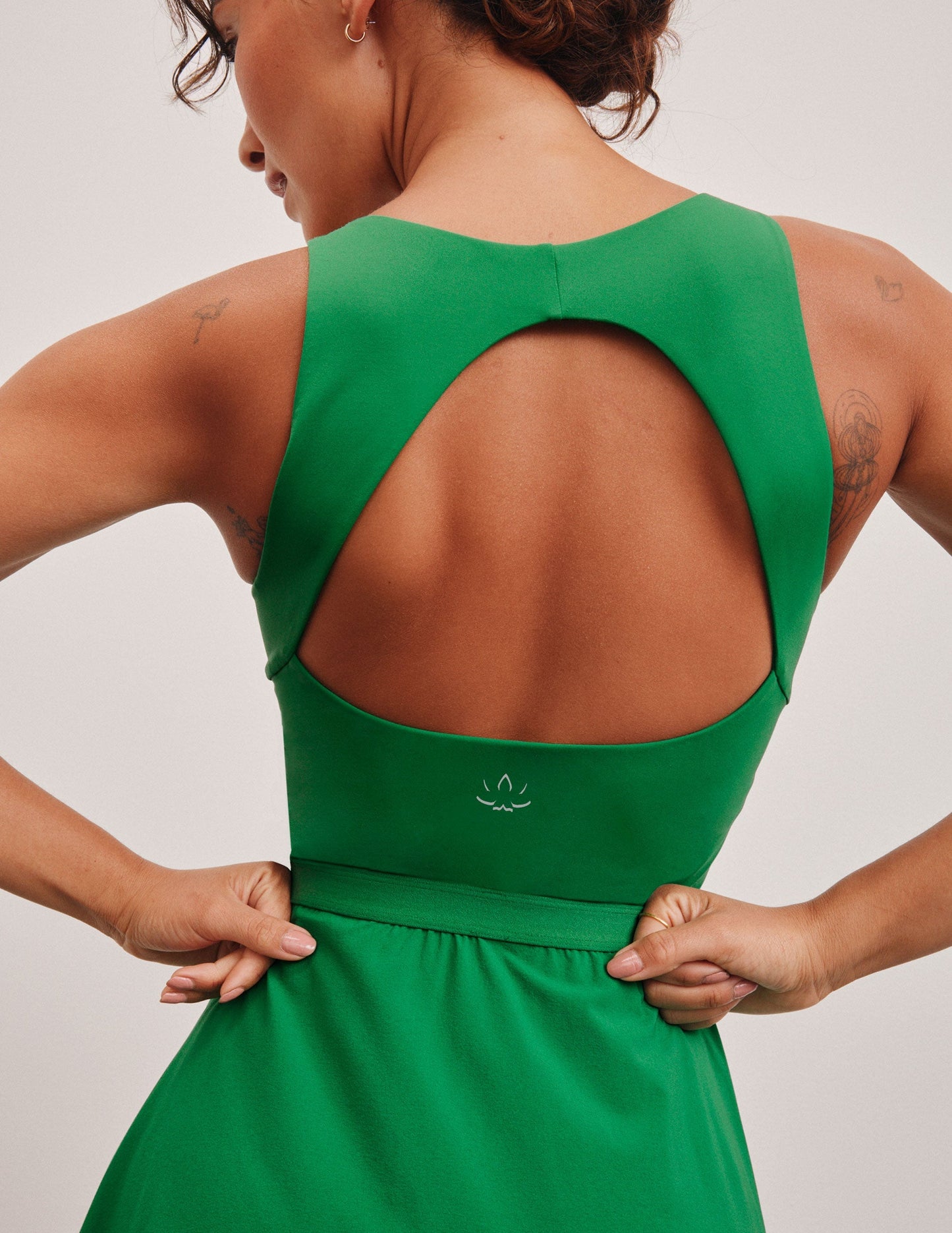 Beyond Yoga Green Pleated Mini Dress with Pockets, Open Back & Shorts