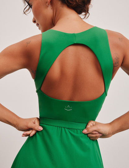 Beyond Yoga Green Pleated Mini Dress with Pockets, Open Back & Shorts