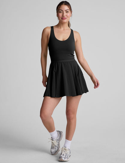 Performance Pleated Mini Dress with Built-in Shorts, Pockets, Open Back