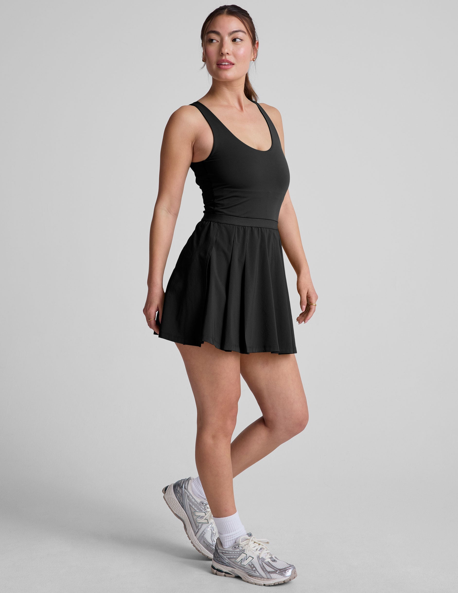 Performance Pleated Mini Dress with Built-in Shorts, Pockets, Open Back