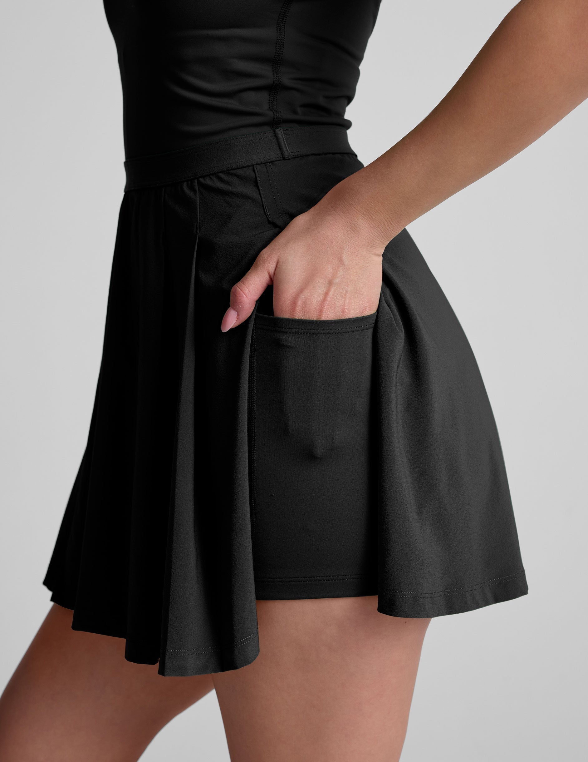 Performance Pleated Mini Dress with Built-in Shorts, Pockets, Open Back