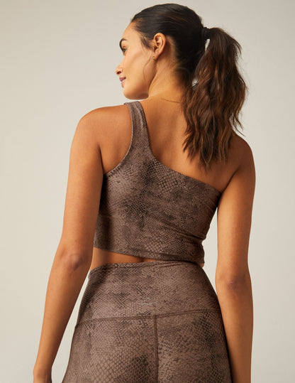 Stylish Neutral Snakeskin One-Shoulder Cropped Tank Top with Built-In Shelf Bra