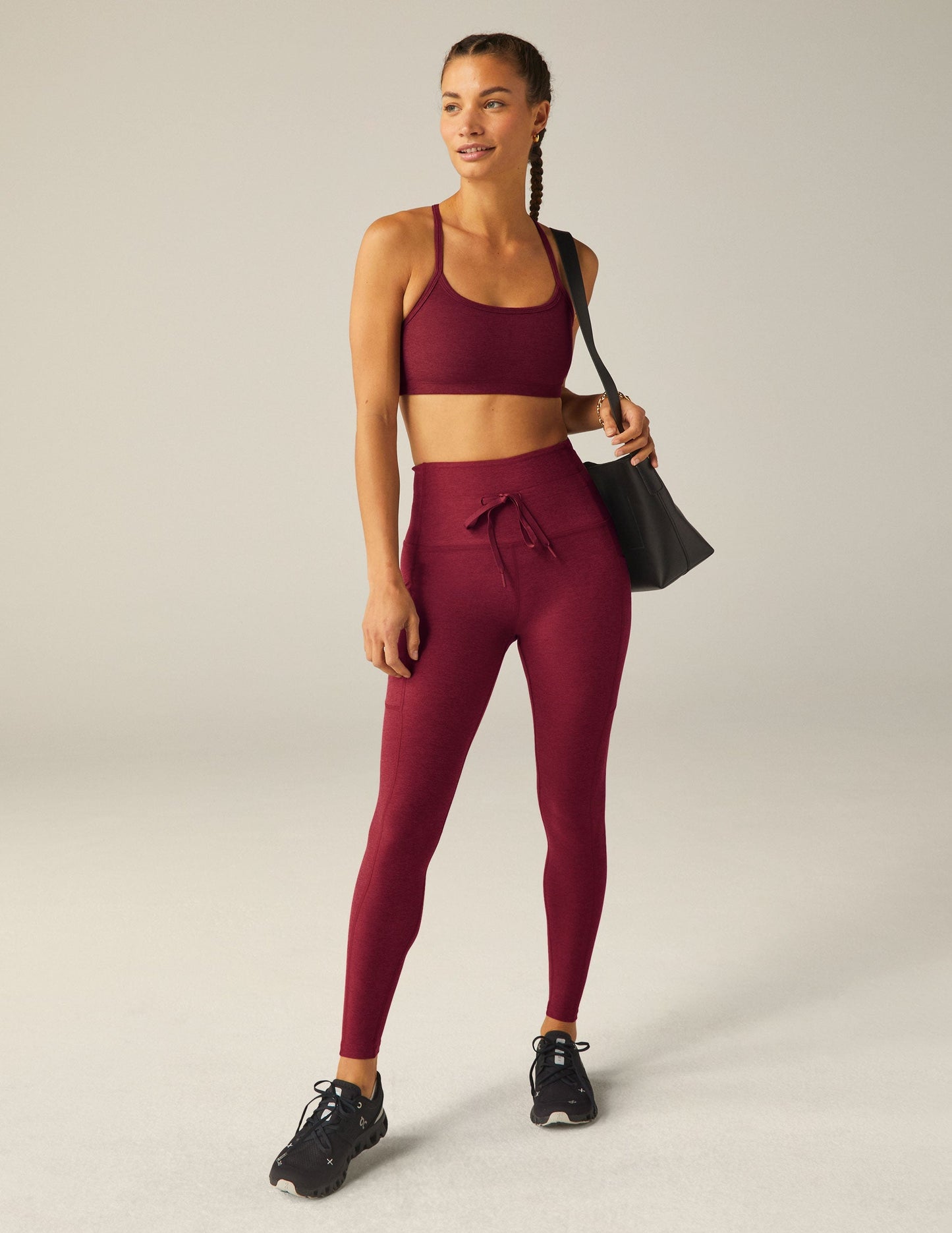 Beyond Yoga Spacedye High-Waist Midi Leggings: Bordeaux Heather with Pockets