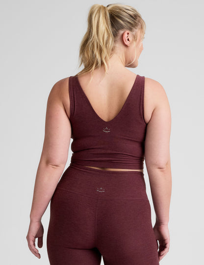 Luxurious Spacedye Cropped Tank Top: Soft V-Neck, Built-in Bra, Burgundy Heather