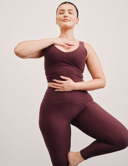 Luxurious Spacedye Cropped Tank Top: Soft V-Neck, Built-in Bra, Burgundy Heather