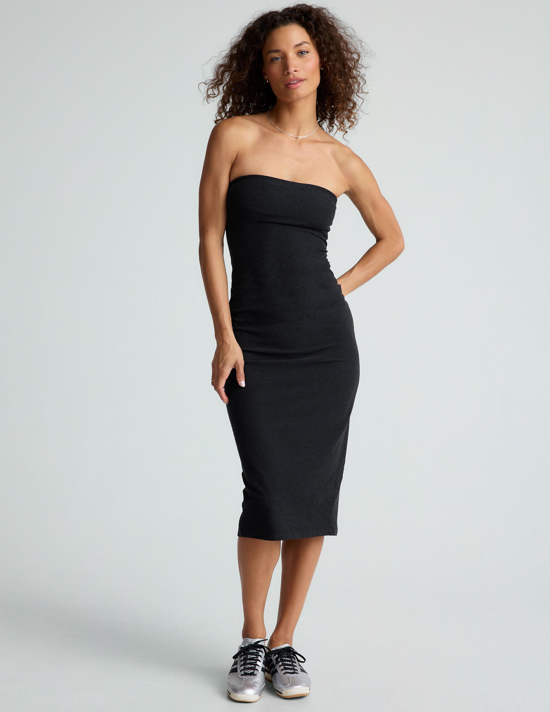 Luxurious Spacedye Strapless Midi Dress: Soft, Fitted, Versatile, Travel-Ready, Elegant Black