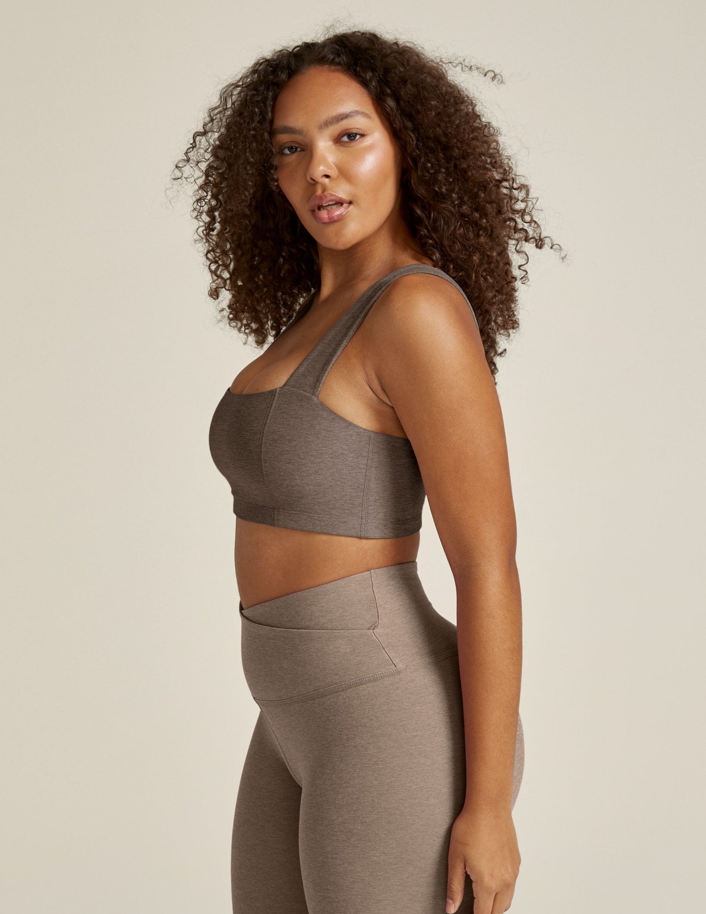Spacedye Squared Bra: Soft Umber Heather Medium Support Activewear Top for Yoga
