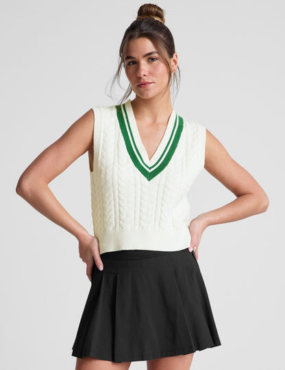 Relaxed Fit Cream Cable Knit Vest with Striped V-Neckline – Stylish Comfort