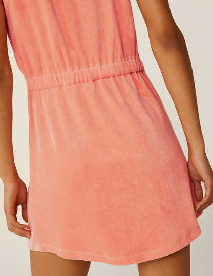 Cozy Peach Blush Terry Mini Dress with Cinched Back Detail for Women