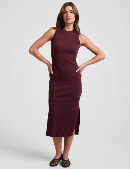 Elegant Ribbed Tank Midi Dress: High Neck, Side Slits, Effortless Style