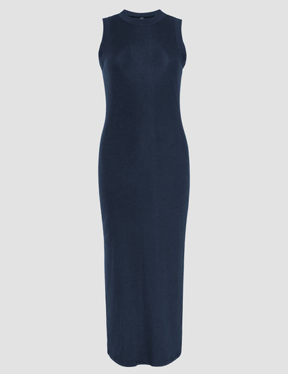 Versatile Ribbed Midi Tank Dress – Comfortable High Neck Sleeveless Navy Style