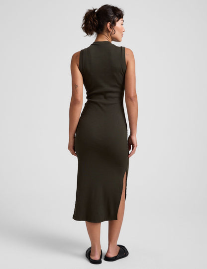 Premium Ribbed Olive Ink Midi Tank Dress High Neck Sleeveless Comfort Fit